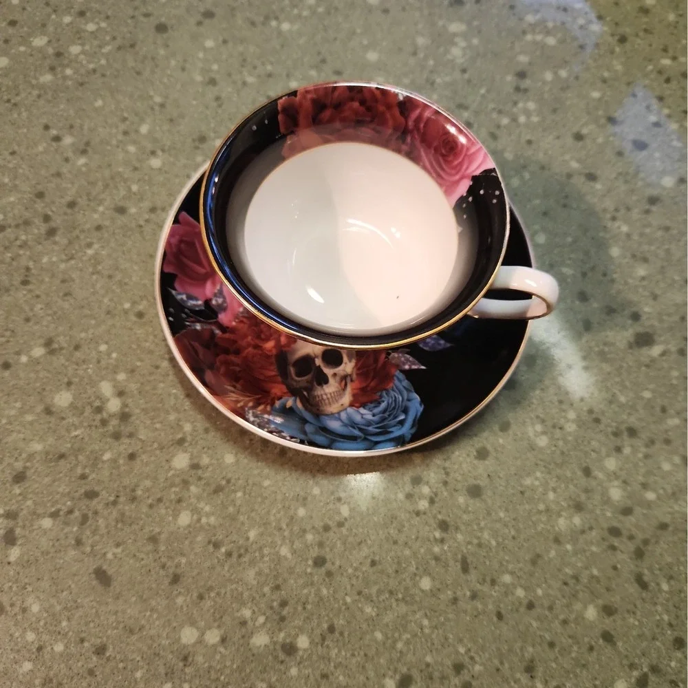 Grace Teaware Porcelain Tea Cup & Saucer Floral Skull Gothic Spooky Halloween